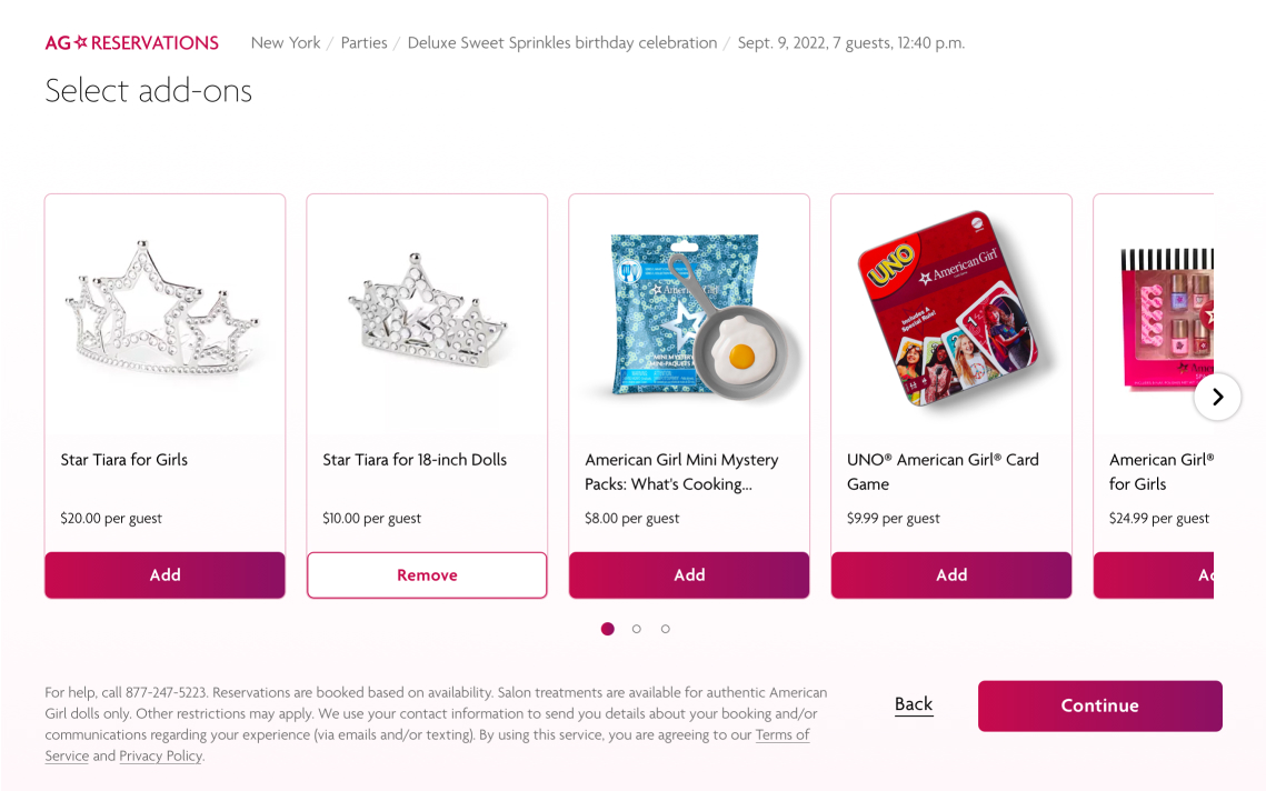 American Girl reservations, product add-ons