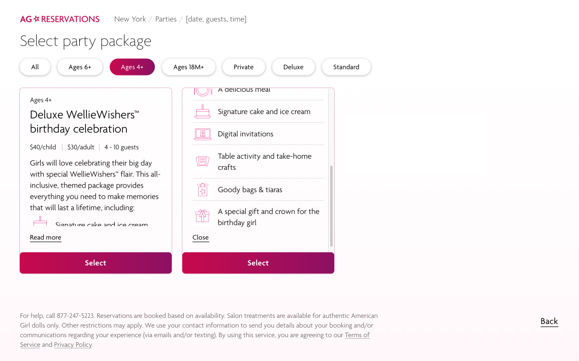 american girl reservations, party packages