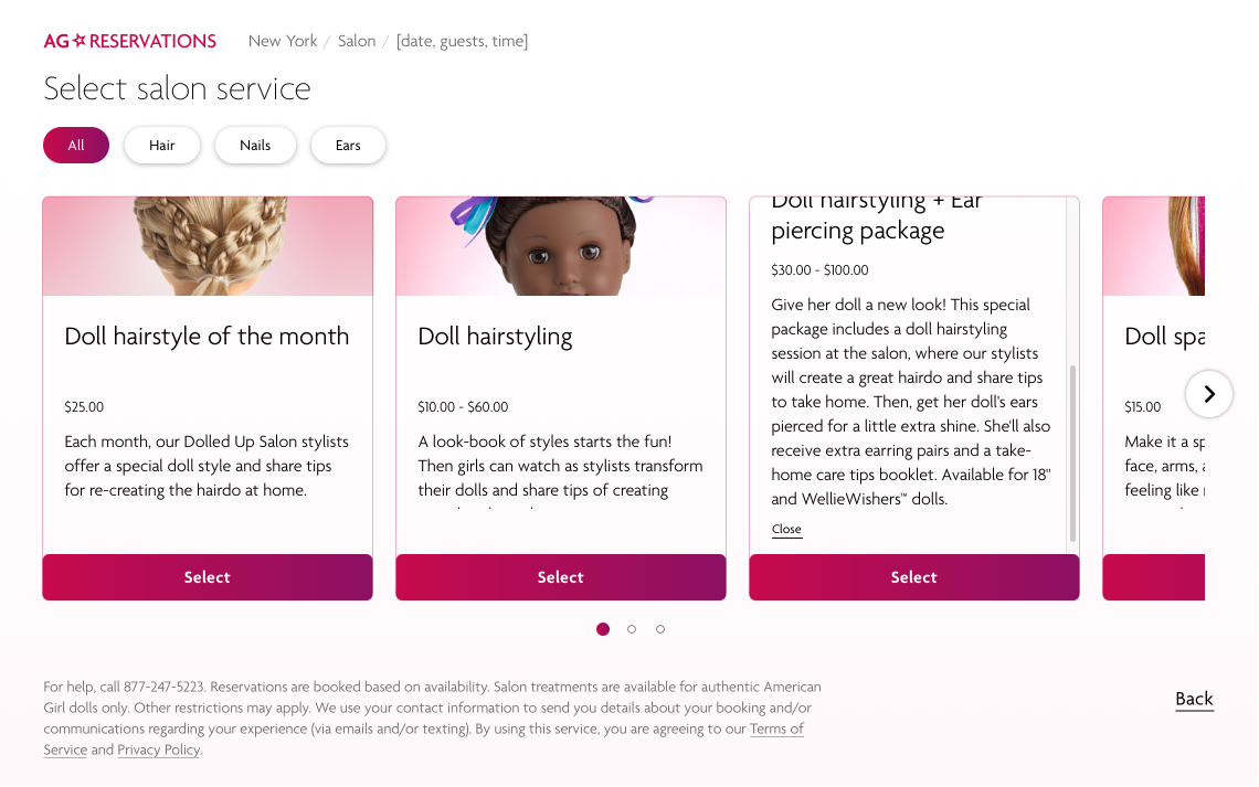 american girl reservations, salon packages