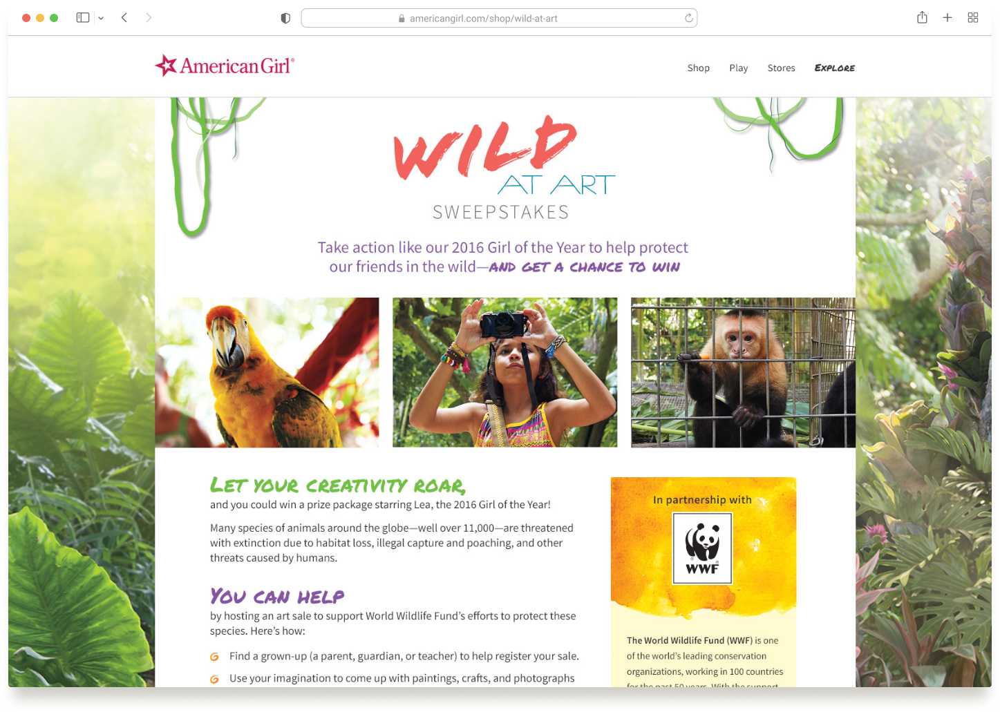 wild-at-art American Girl partnership with World Wildlife Fund